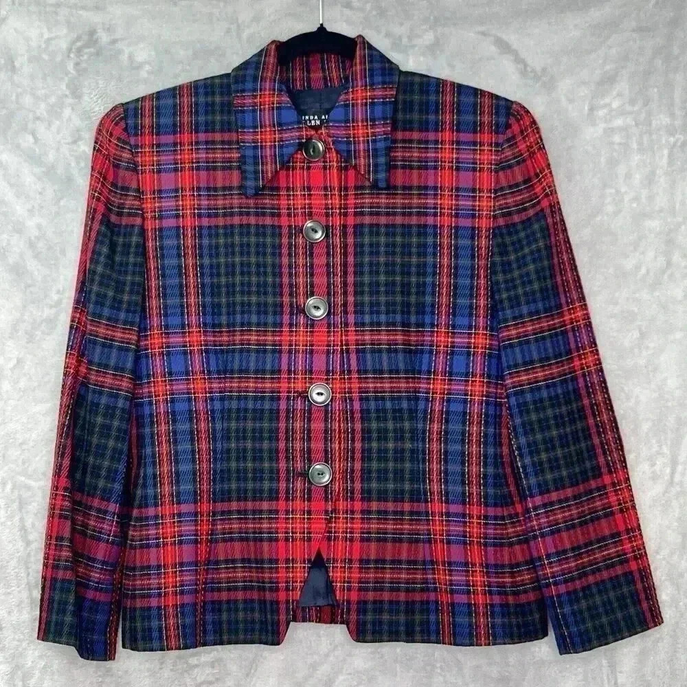 Linda Allard Ellen Tracy VTG Wool Blazer Womens 4 Tartan Plaid Preppy Rare Find